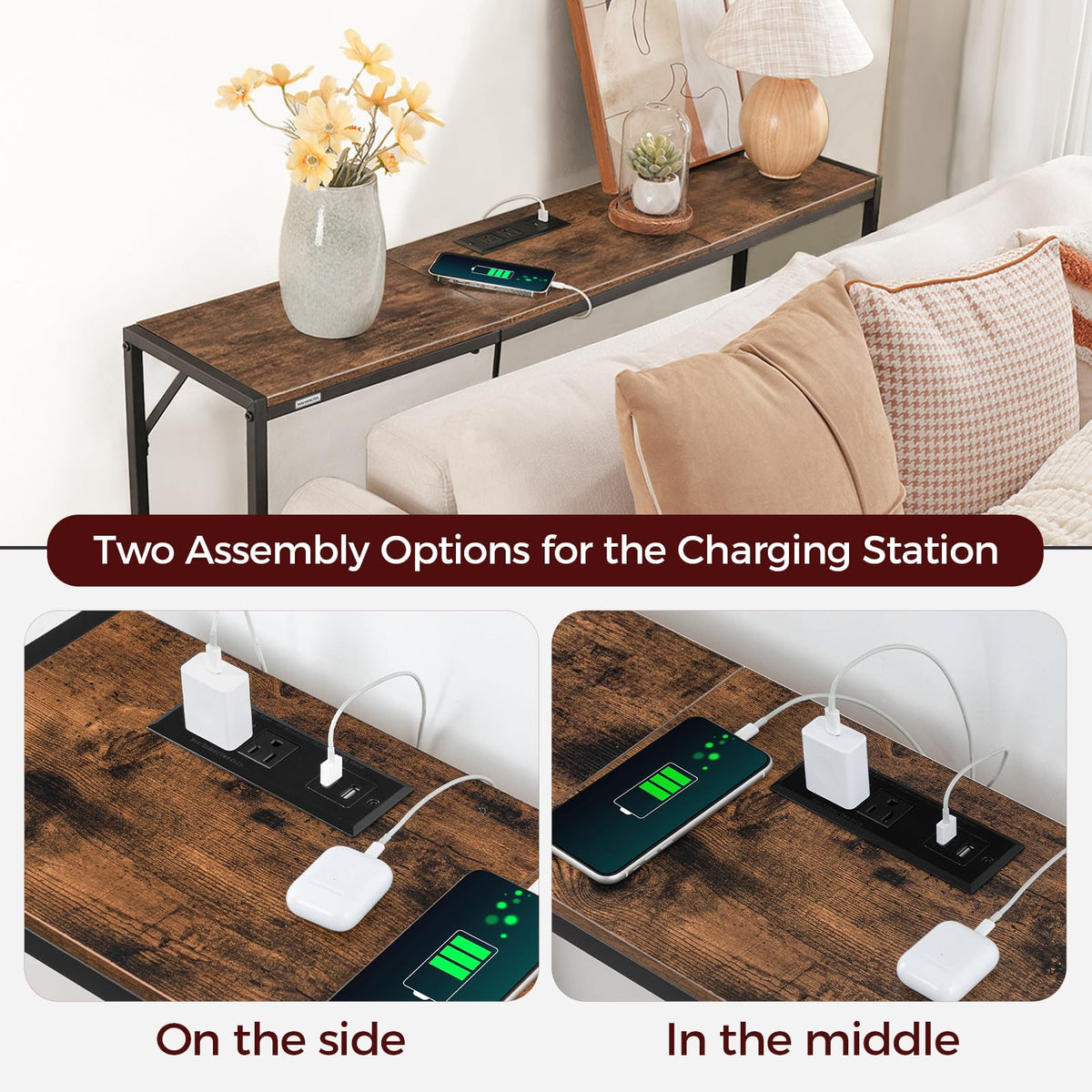 MAHANCRIS console table has adjustable feet to protect floors.