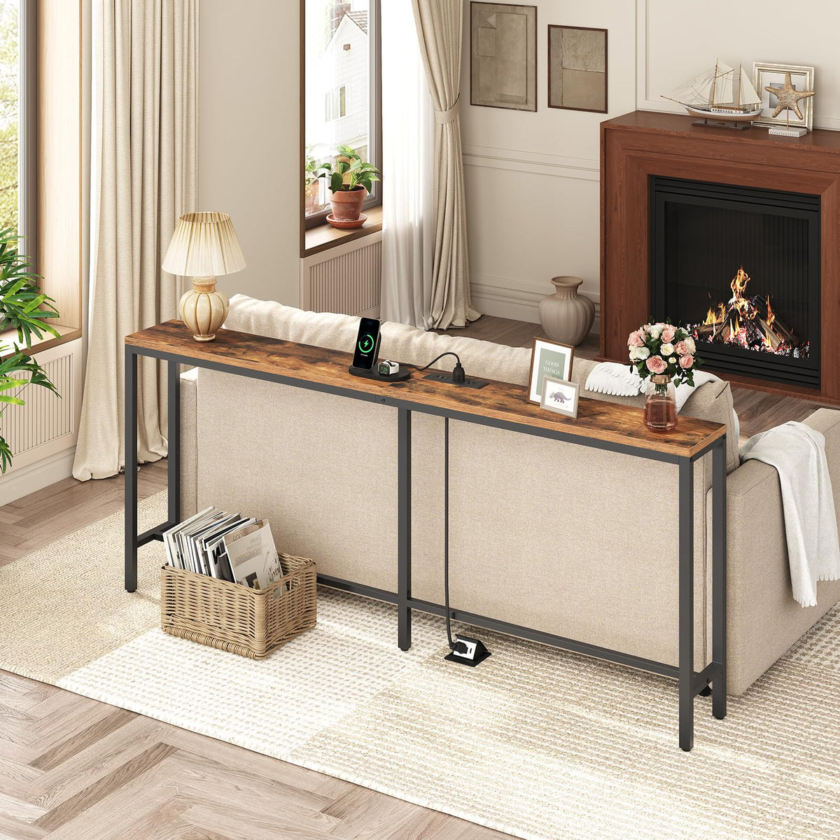 MAHANCRIS console table showing built in power outlets and charging options
