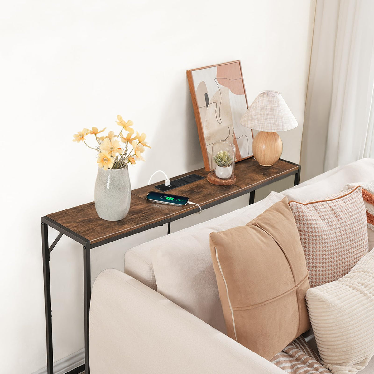 MAHANCRIS console table blends iron and engineered wood with a rustic finish.