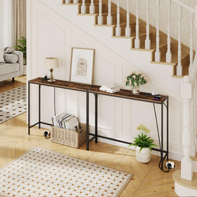 MAHANCRIS console table in rustic brown and black enhances decor.