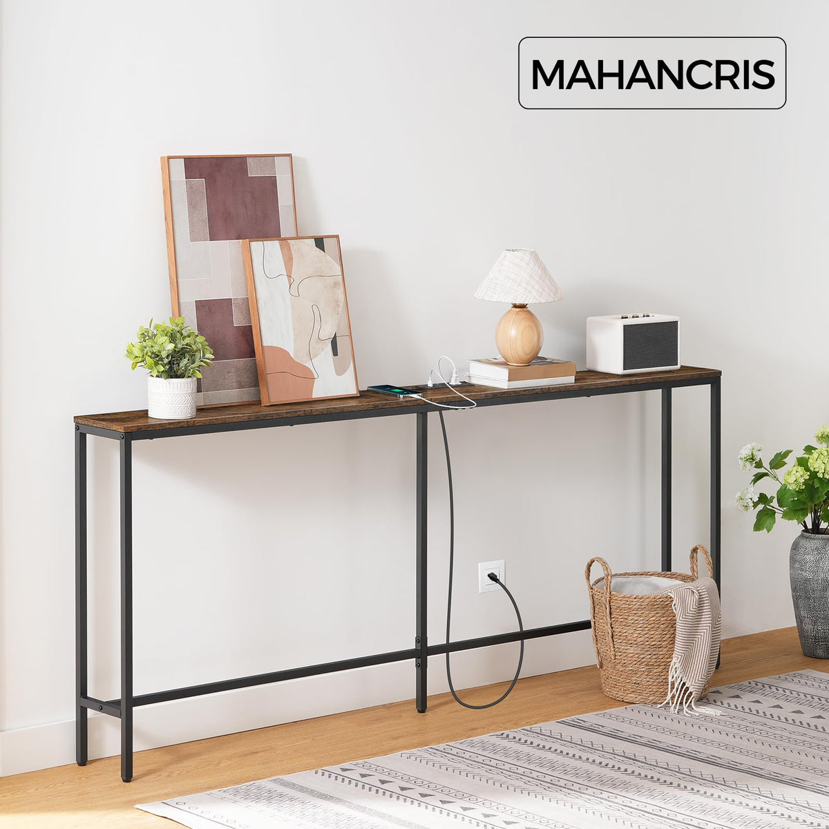 MAHANCRIS entryway table behind couch adds convenient surface and storage.