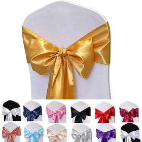 Maiangel satin chair sash in gold glow adds refined elegance to wedding seating.