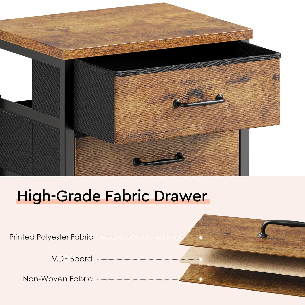 Industrial steel frame and particleboard in Maihail cabinet construction.