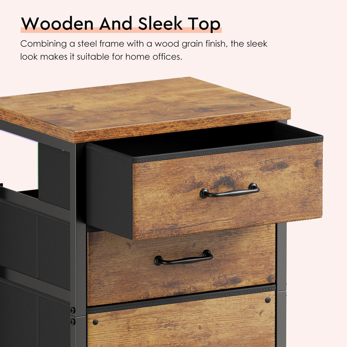 Top drawers organized for office supplies in Maihail cabinet.
