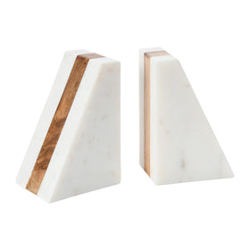 Main and Mesa marble geometric bookends with wood inlay on desk show sturdy support for books