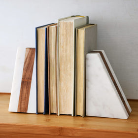 Main and Mesa marble geometric bookends with wood inlay secure books vertically or horizontally for flexible styling