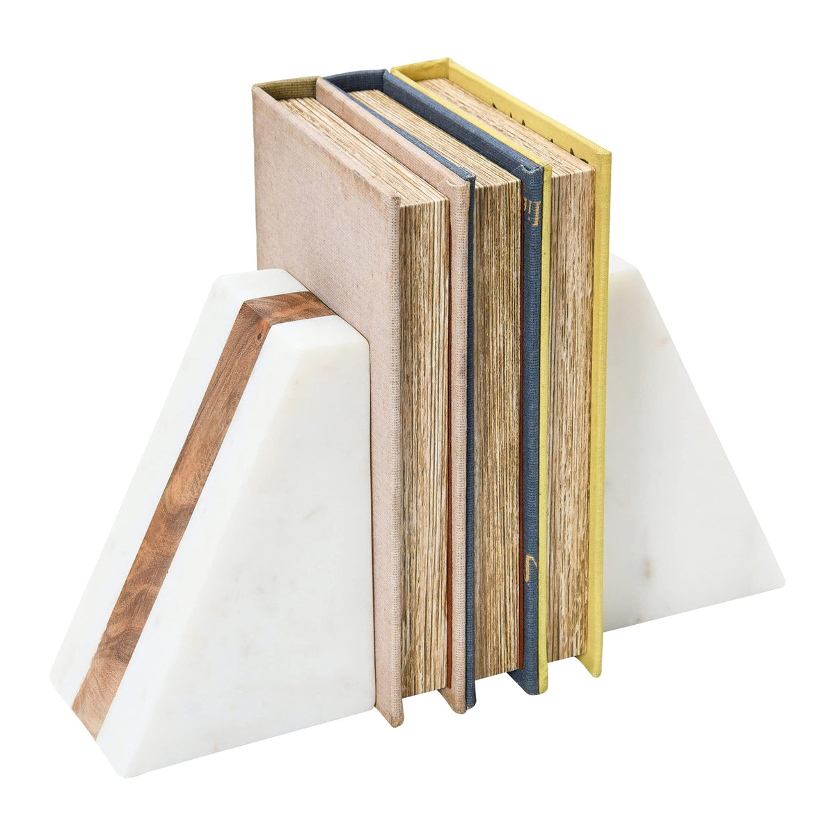 Main and Mesa marble geometric bookends with wood inlay each piece is one-of-a-kind due to natural stone