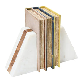 Main and Mesa marble geometric bookends with wood inlay each piece is one-of-a-kind due to natural stone