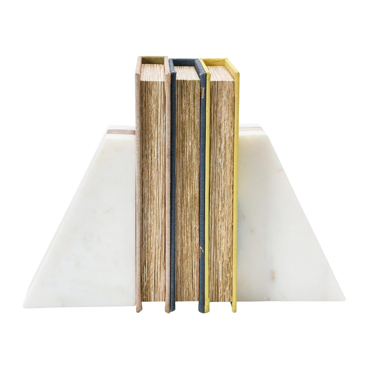Main and Mesa marble geometric bookends with wood inlay sized 4 by 6 by 3 inches, shelf accents