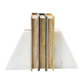Main and Mesa marble geometric bookends with wood inlay sized 4 by 6 by 3 inches, shelf accents