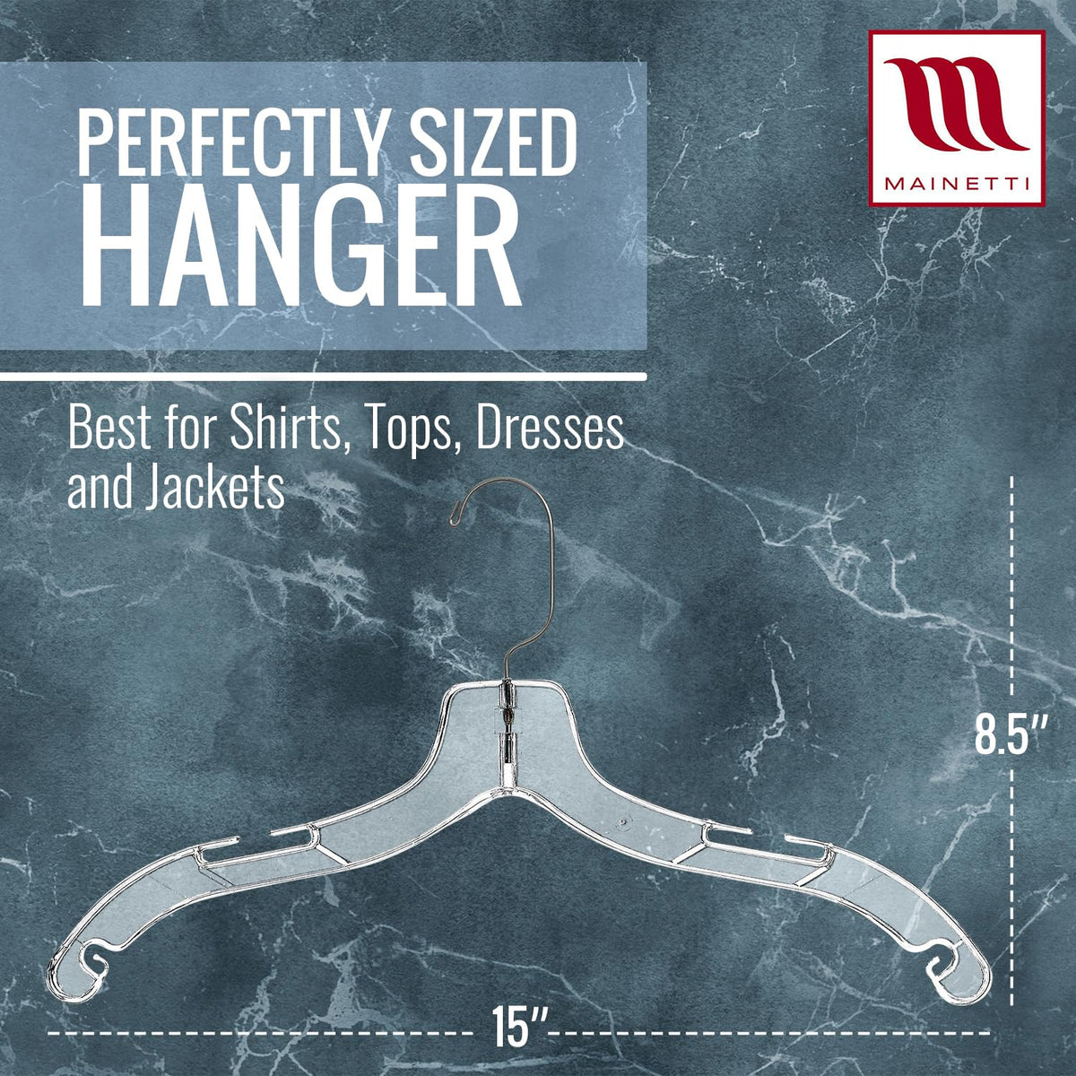 Mainetti 17-inch clear hangers maximize garment visibility and support.