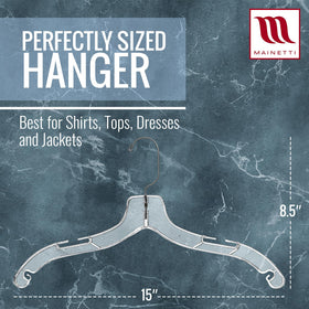Mainetti 17-inch clear hangers maximize garment visibility and support.