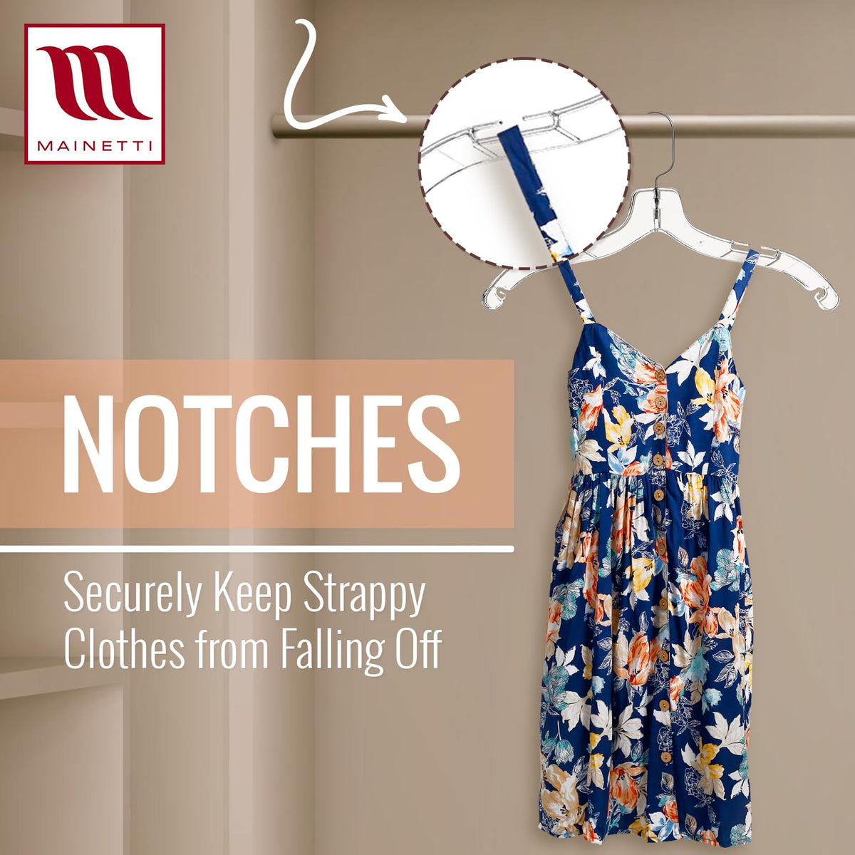 Mainetti hangers with a 360-degree swivel hook for easy closet access.