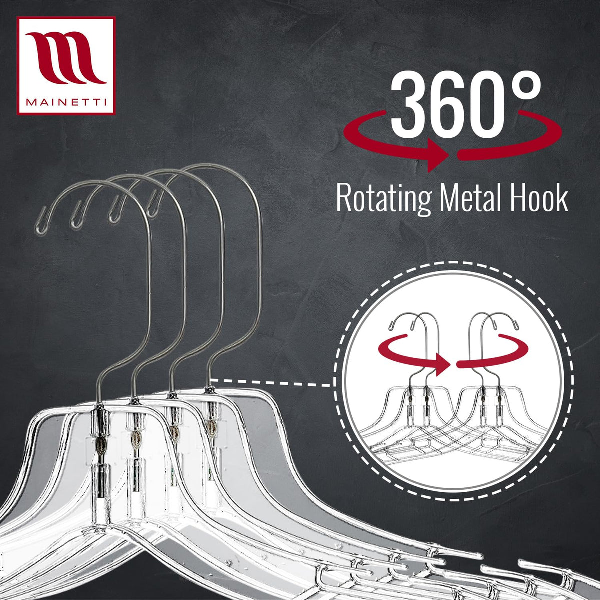 Mainetti clear hangers provide a sleek, unobtrusive closet look while keeping garments neatly aligned.