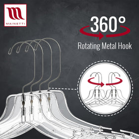 Mainetti clear hangers provide a sleek, unobtrusive closet look while keeping garments neatly aligned.