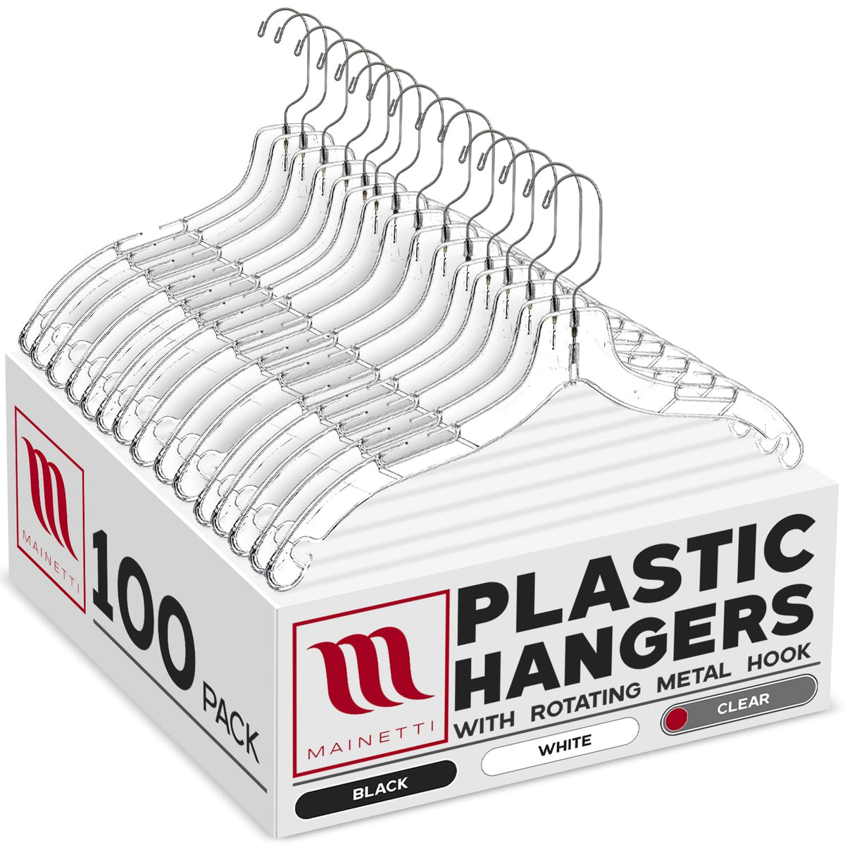 Mainetti clear plastic hangers with strap notches keep straps secure and organized.