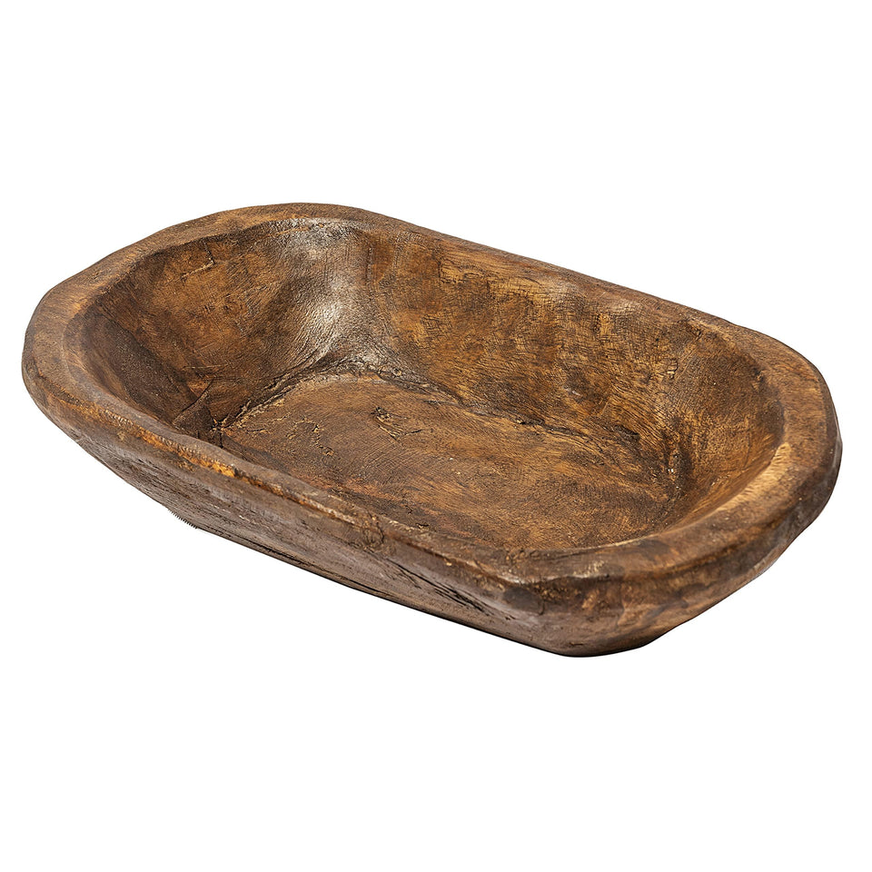 MAINEVENT Spanish oak dough bowl centerpiece showing natural grain for rustic decor.