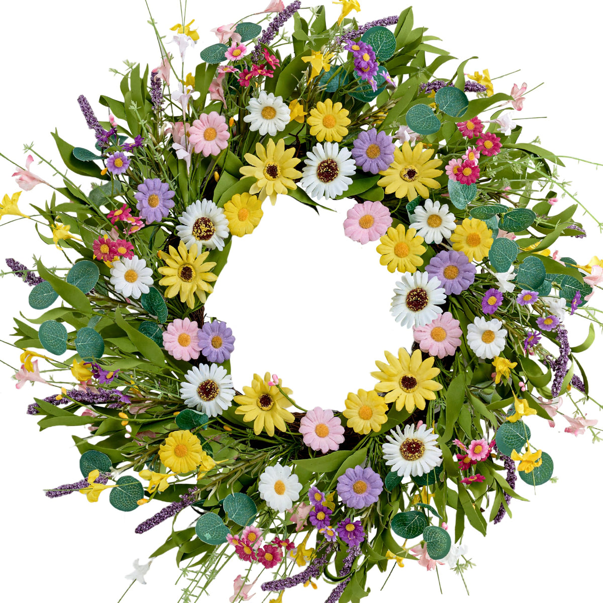 MAINGKAUNG Spring Wreath on front door with daisies and lavender for inviting entry.
