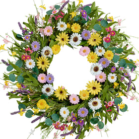 MAINGKAUNG Spring Wreath on front door with daisies and lavender for inviting entry.
