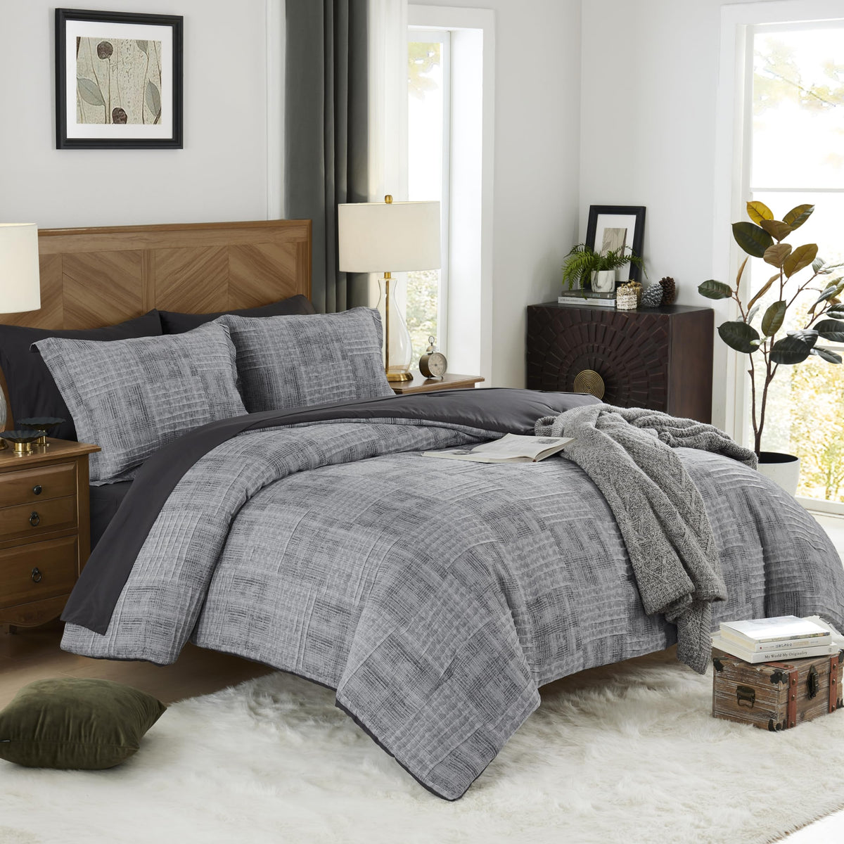 MaiRêve Charcoal Grey bed-in-a-bag seven-piece set for a cohesive refresh.