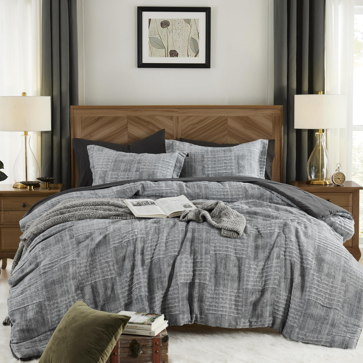 MaiRêve Charcoal Grey Queen Comforter Set adds refined texture for a modern bedroom.