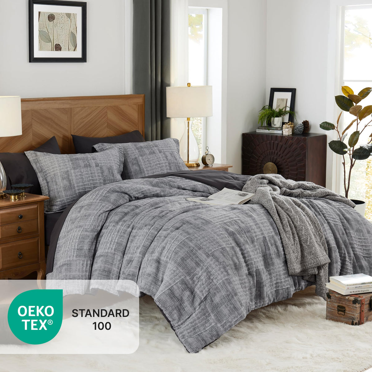 MaiRêve Charcoal Grey queen flat sheet enhances comfort with soft, breathable weave.