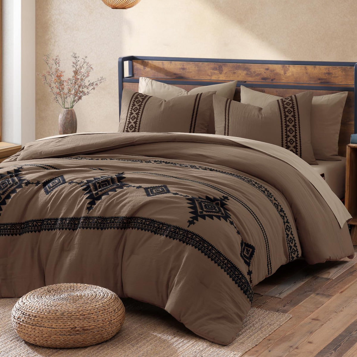 MaiRêve embroidery comforter detail highlights refined stitching and tactile texture for a chic bedroom look.