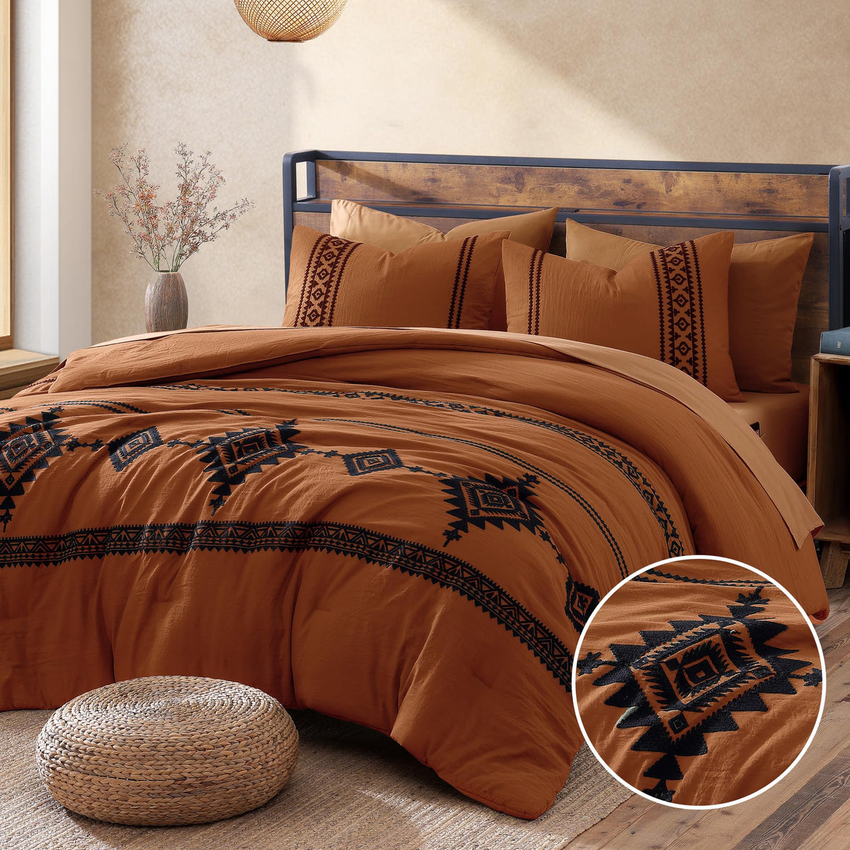 MaiRêve embroidery comforter detail with 3D Boho western stitching on burnt orange king.