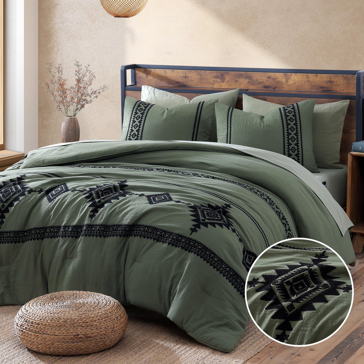 MaiRêve embroidery comforter in olive-green, featuring a 3D Boho pattern for a chic bedroom upgrade.