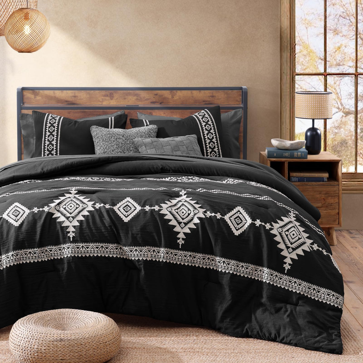 MaiRêve bedroom scene showcasing warm Boho farmhouse style with embroidery