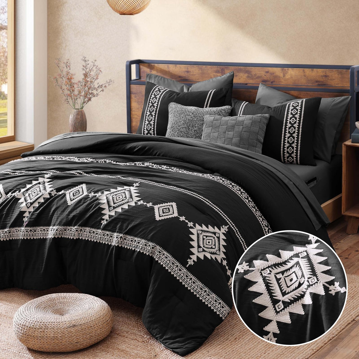 MaiRêve embroidery queen comforter detail with 3D boho stitching for a farmhouse accent