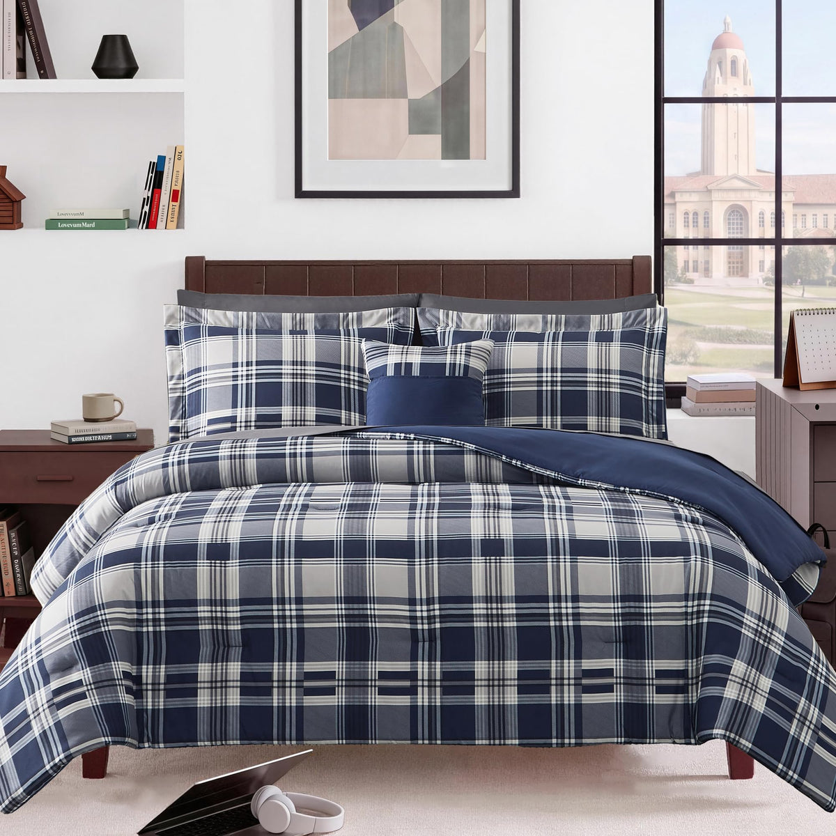 MaiRêve full size comforter set navy plaid packshot showing versatile design