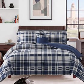 MaiRêve full size comforter set navy plaid packshot showing versatile design
