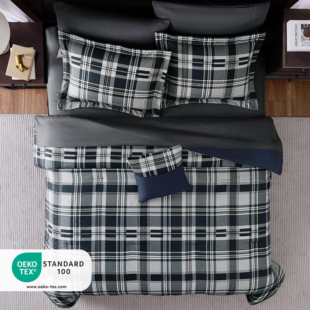MaiRêve navy plaid comforter on bed demonstrating complete bedding setup