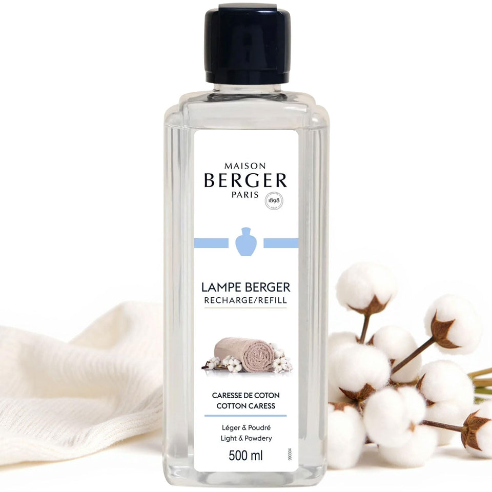 Maison Berger Cotton Caress bottle pour demonstrating easy refill for steady fragrance diffusion.