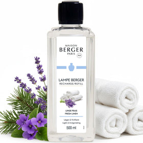 Maison Berger Fresh Linen refill bottle pour for easy fragrance diffusion.