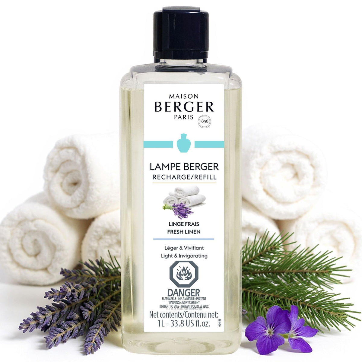 Maison Berger Fresh Linen refill bottle for odor-neutralizing fragrance diffusion.