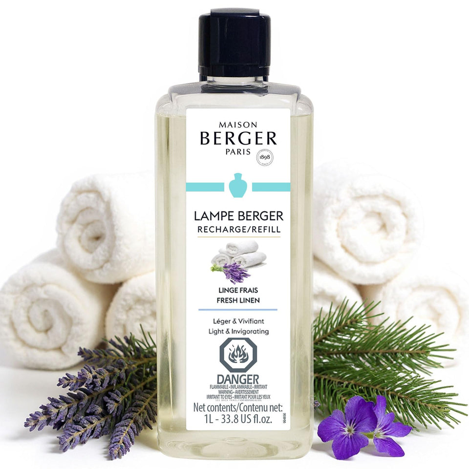 Maison Berger Fresh Linen refill bottle for odor-neutralizing fragrance diffusion.