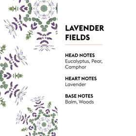 Close-up of Lavender Fields scent blend highlighting lavender and eucalyptus notes.