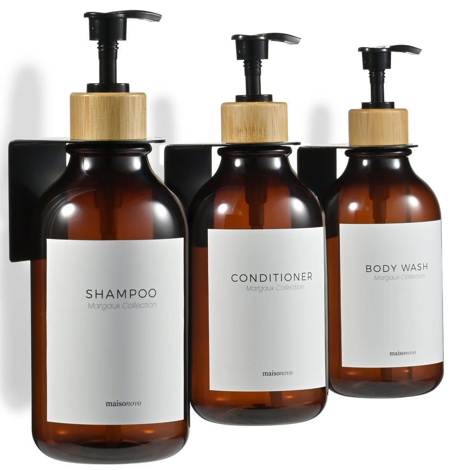 maisonovo amber bamboo dispenser front bottles enhance organized shower storage