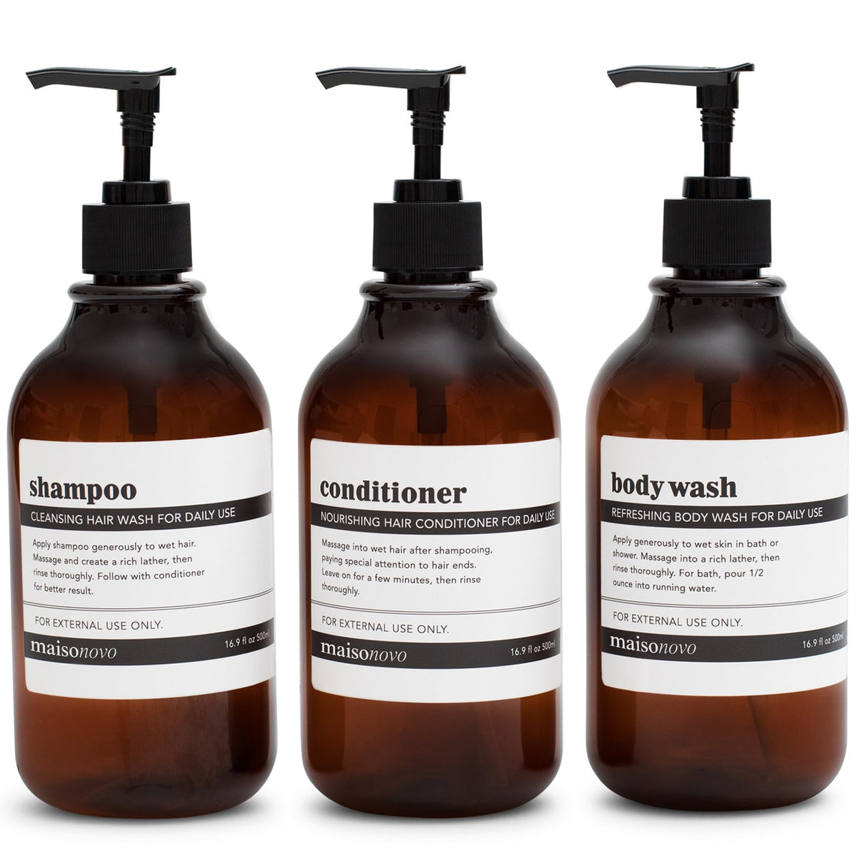 MAISONOVO amber-black shampoo bottles with pumps for organized bathroom storage