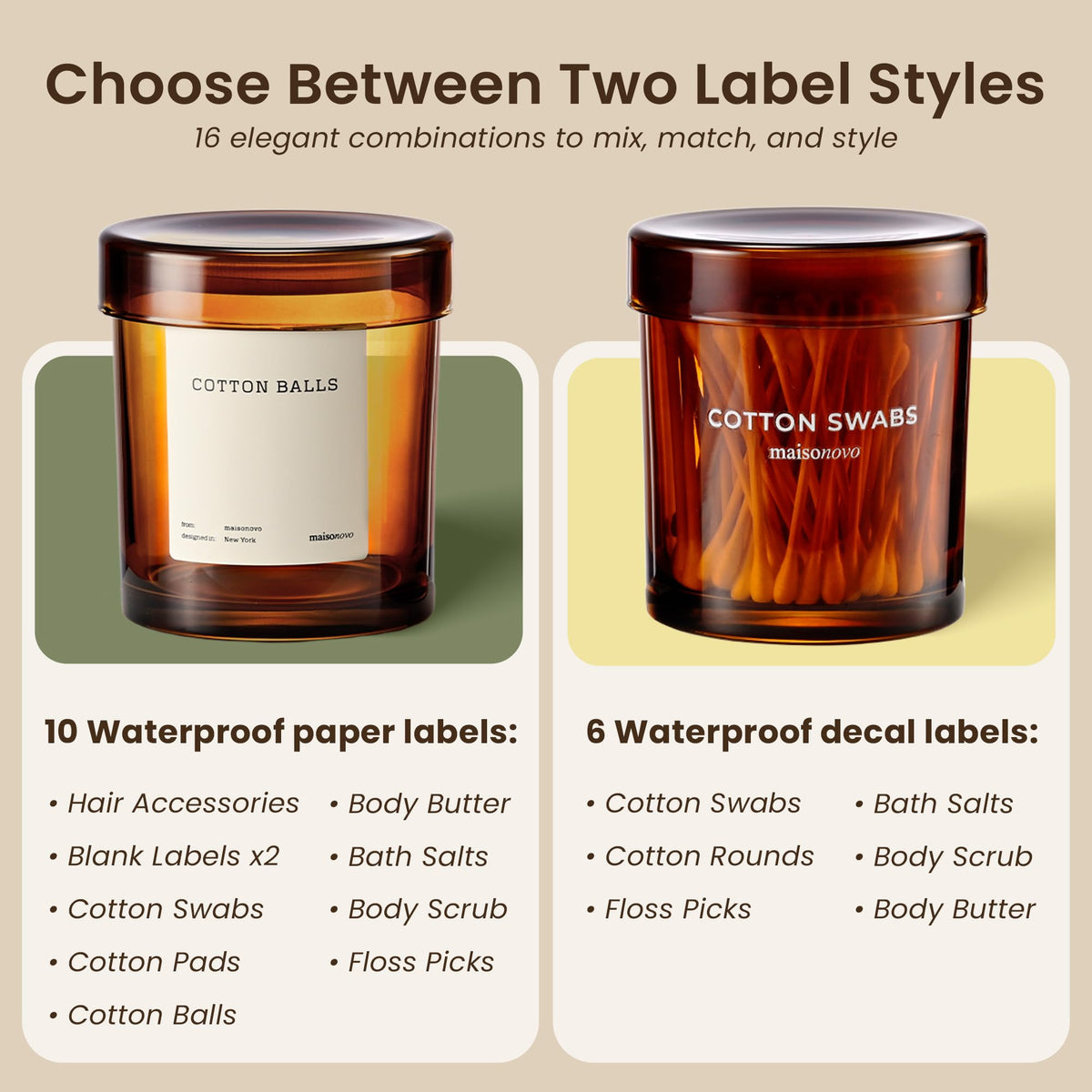 Amber glass apothecary jars labeled for cotton pads and swabs