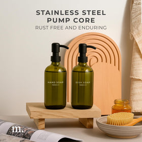 Bathroom counter display with Maisonovo soap dispensers and labels
