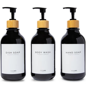 MAISONOVO Black Bamboo shampoo bottle with pump for clutter-free shower organization.