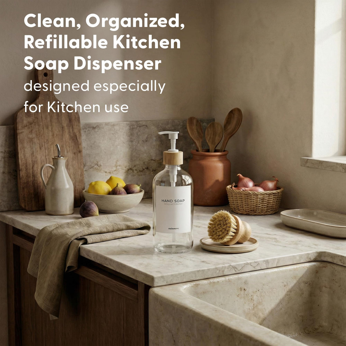 MAISONOVO clear glass dish soap dispenser for kitchen use.