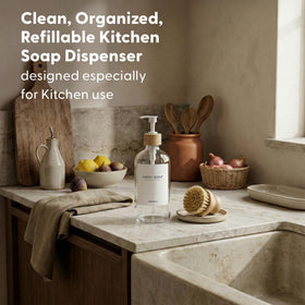 MAISONOVO clear glass dish soap dispenser for kitchen use.