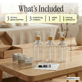 Maisonovo conditioner dispenser wall-mount 3-pack with clear bamboo bottles for tidy showers.