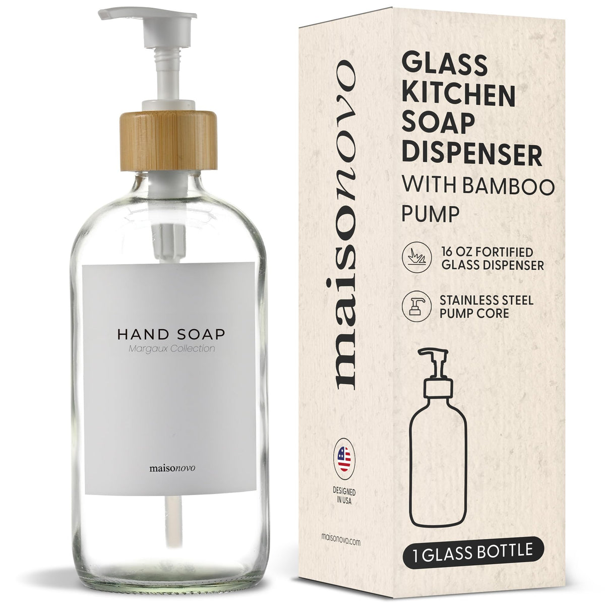 MAISONOVO glass hand soap dispenser with white bamboo pump for a clean sink.