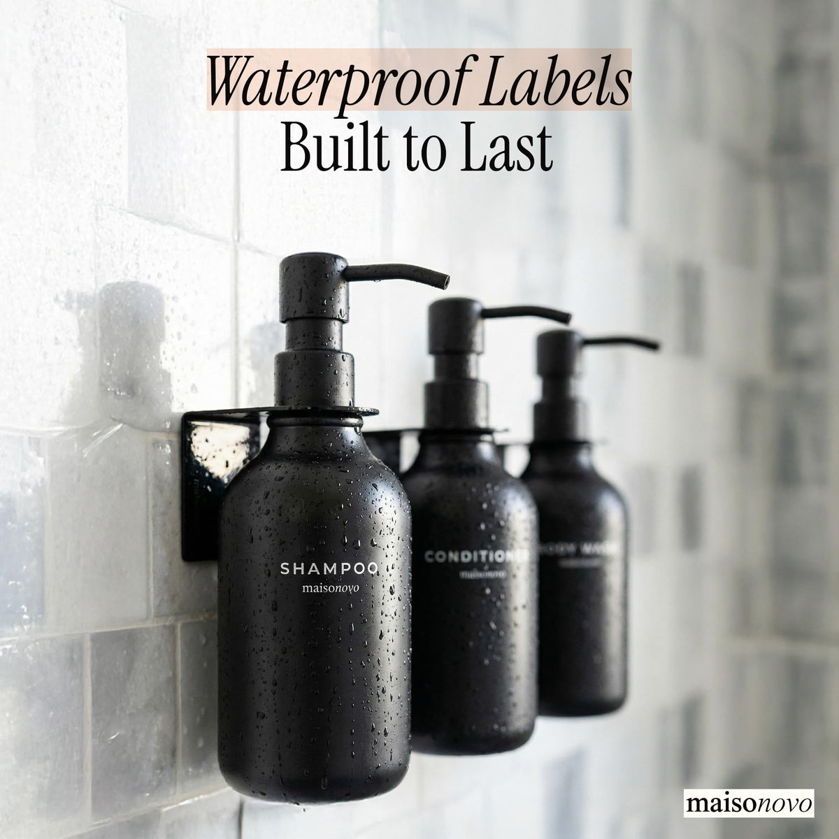 MAISONOVO decal labels for shampoo clearly marking bottles