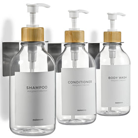 Maisonovo shampoo dispenser wall-mount 3-pack with clear bamboo bottles for organized shower storage.